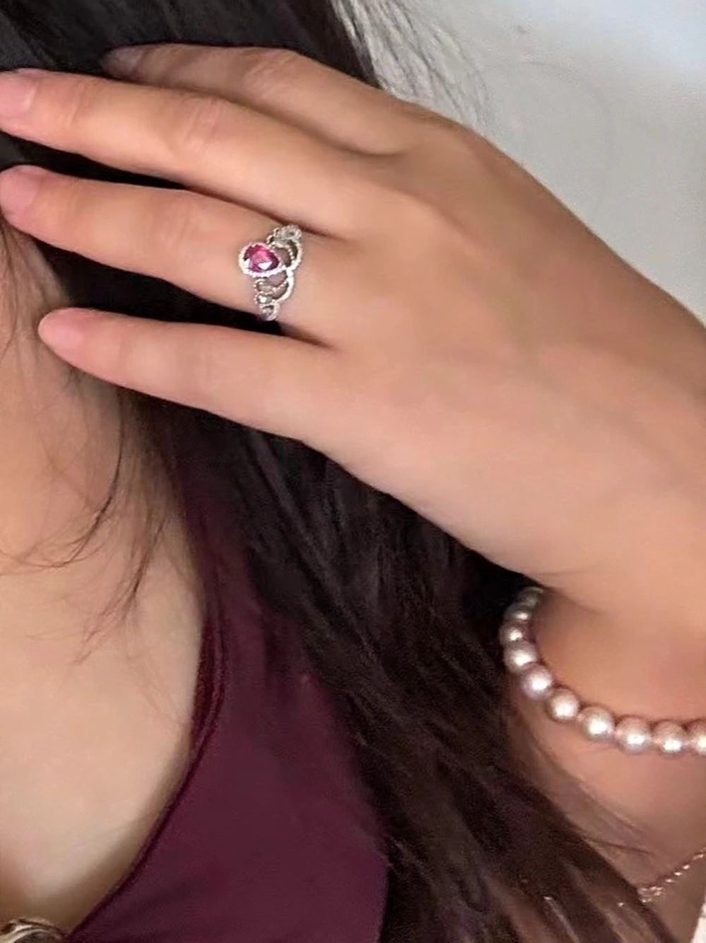 Pigeon red natural ruby gem 18K white gold ring